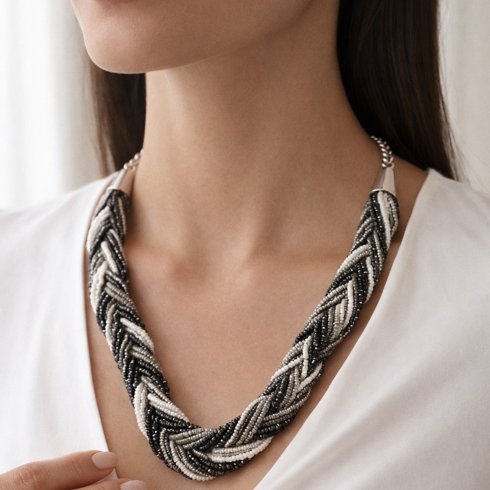 Black White Silver Gray Braided Seed Bead Statement Necklace Bracelet Set Cones - Picture 6 of 12